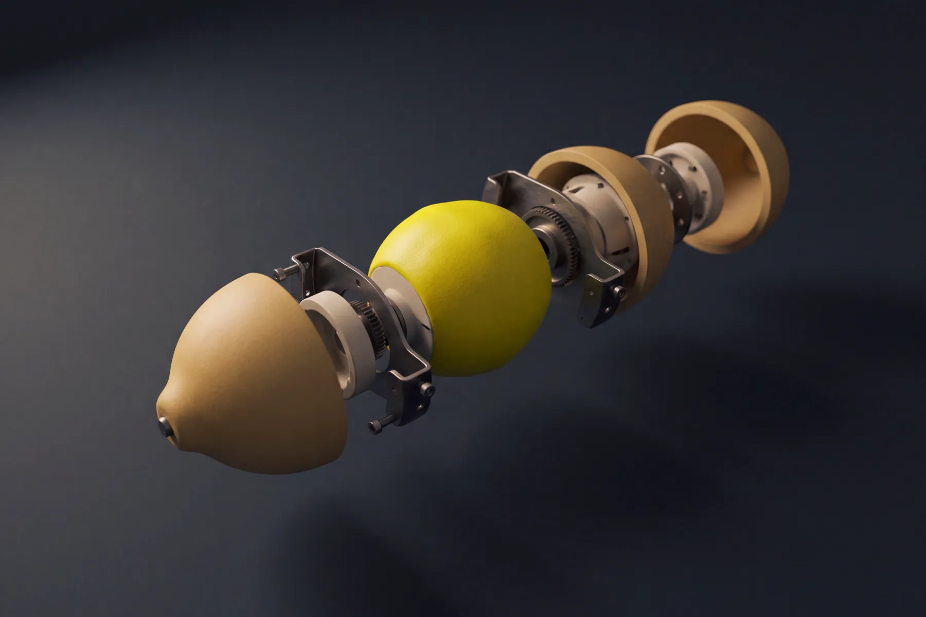 3D exploded-view render of a lemon built from interlocking engineered components on a clean axis