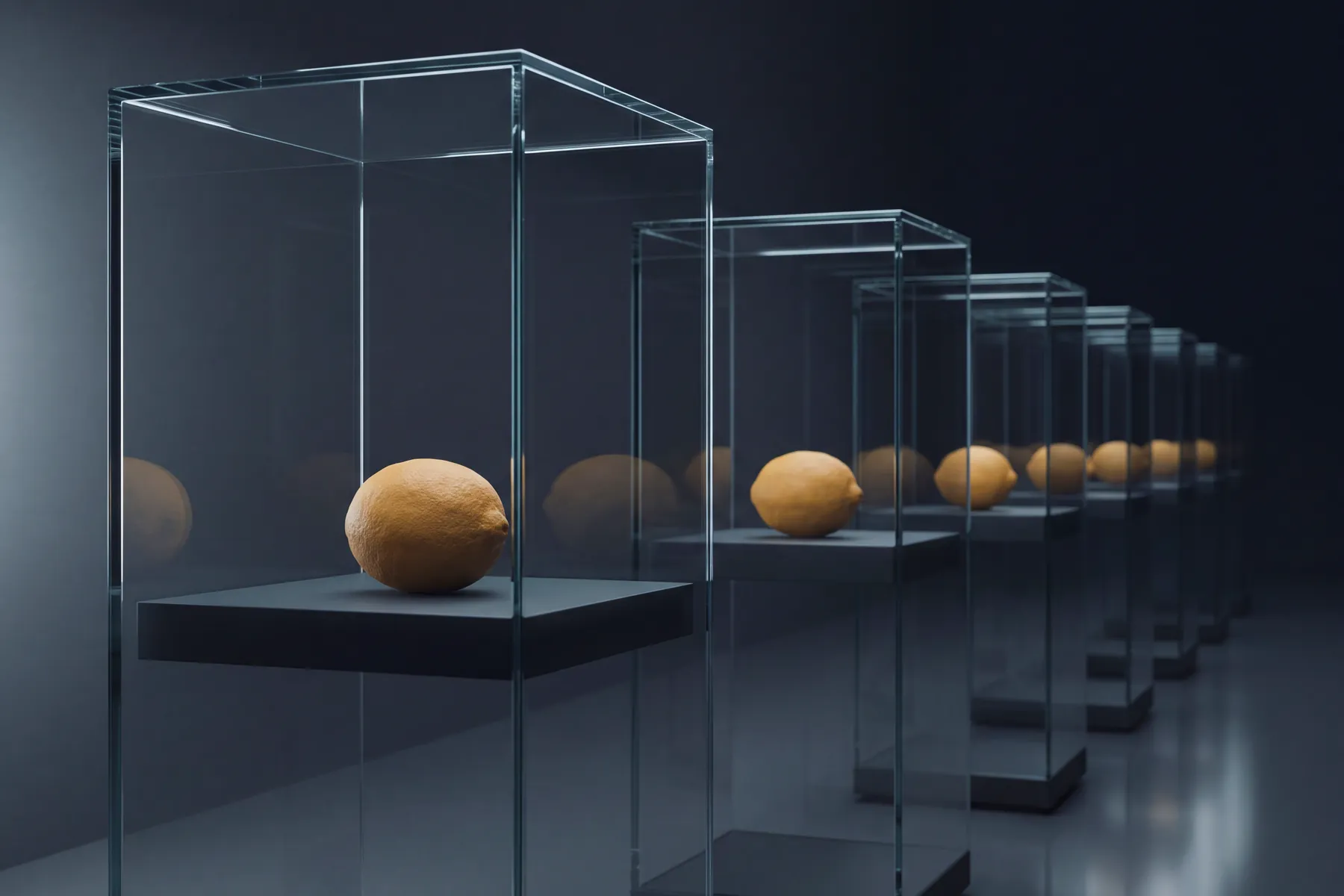 3D render of lemons on pedestals inside a receding row of glass display vitrines