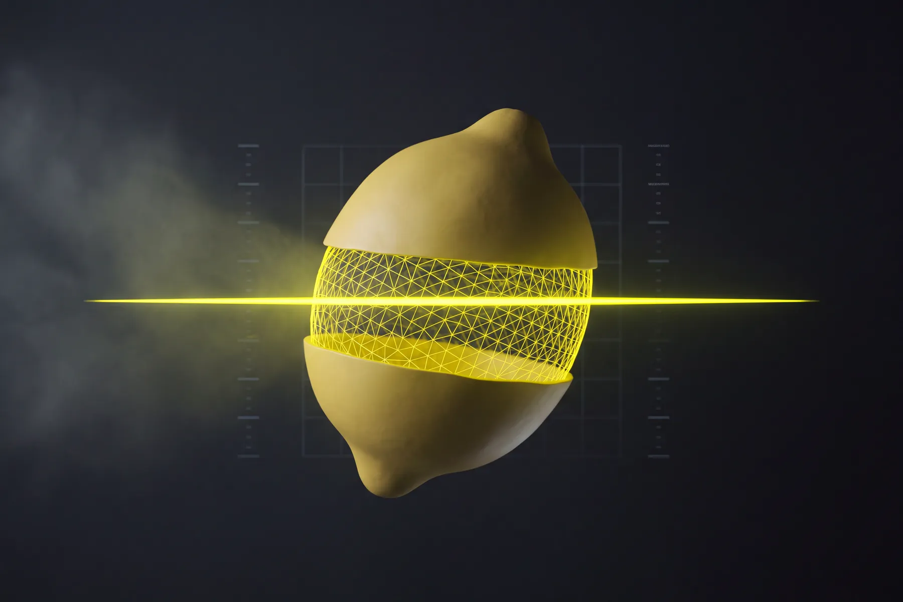 3D render of a lemon crossed by a laser scan plane that resolves its surface into a glowing wireframe mesh