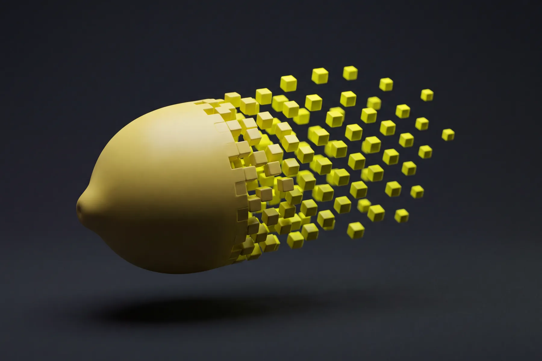 3D render of a lemon dissolving into an ordered grid of floating cubes against a dark background