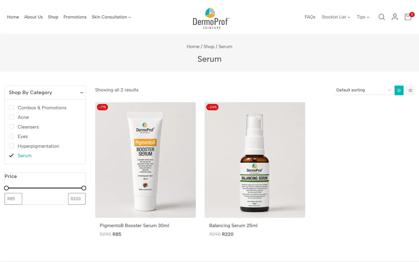 DermoProf skincare store, serum category with filters