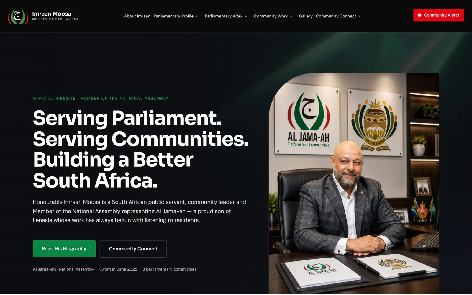 Imraan Moosa MP website home page, built by Lemon Media