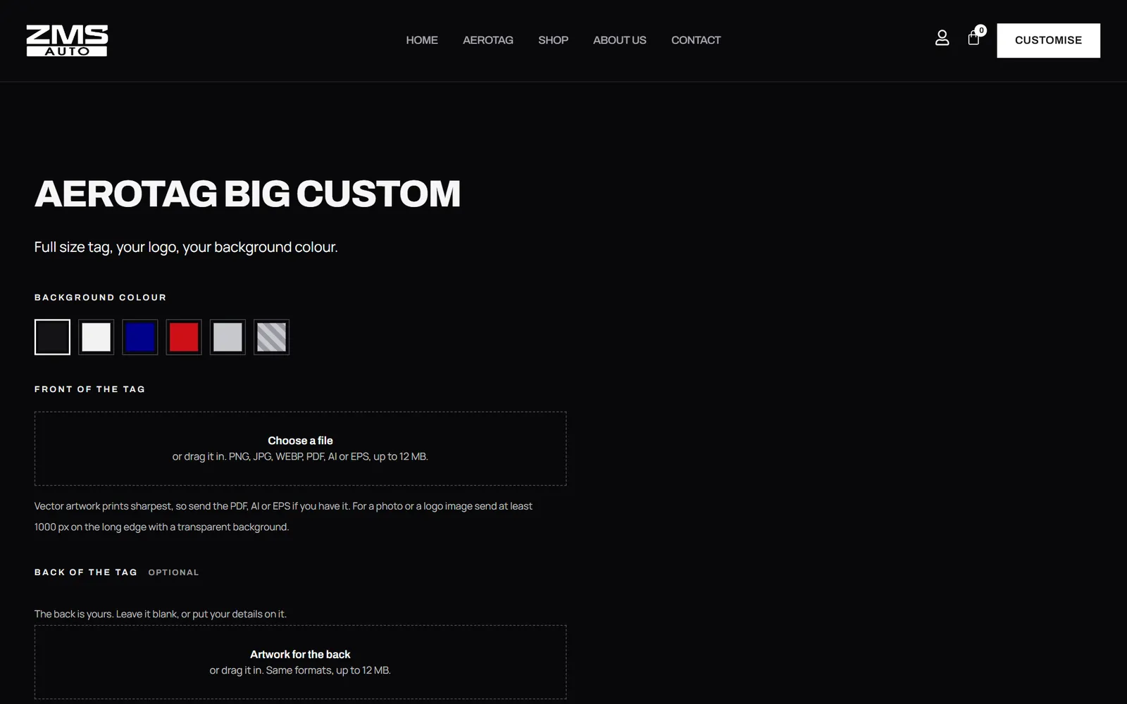 ZMS Auto product page for the AeroTag BIG Custom